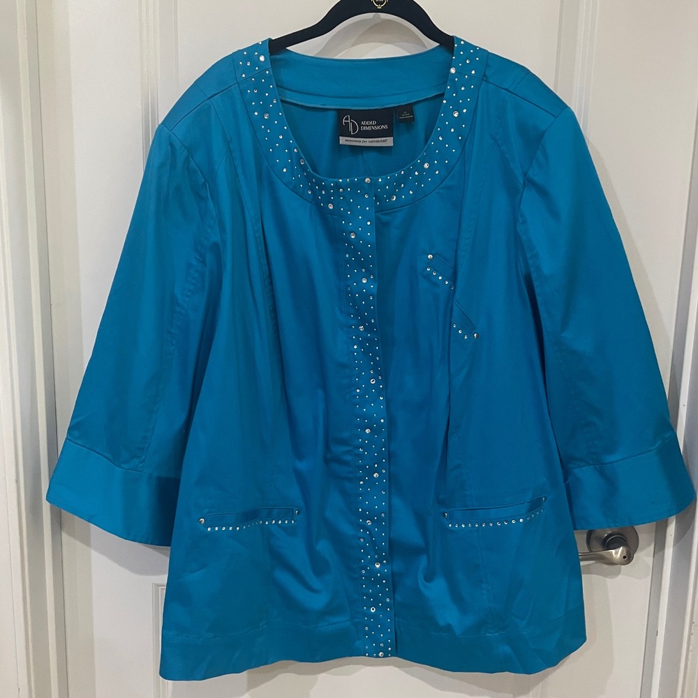 Added Dimension Catherines Turquoise Blue Rhinestone Snap Front Jacket 3X 26/28W